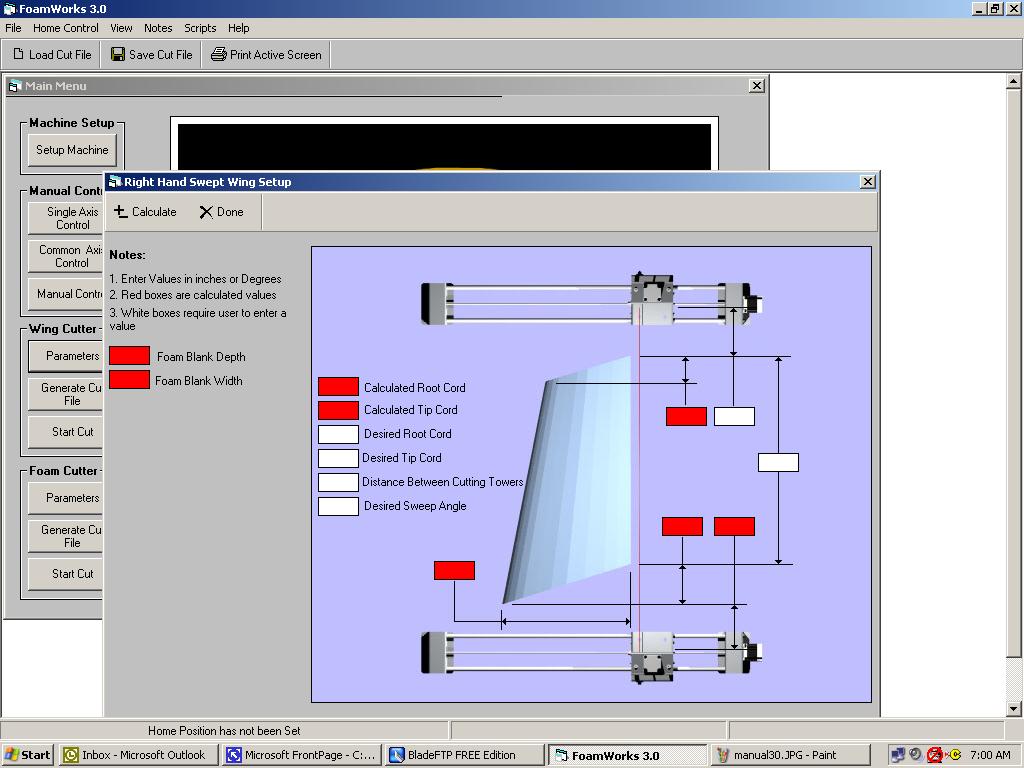 FoamWorks 3.0 Wing Cutting Setup Menu