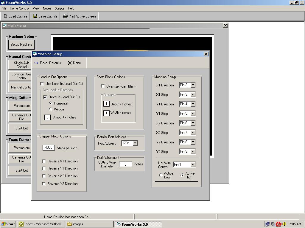 FoamWorks 3.0 Setup Menu